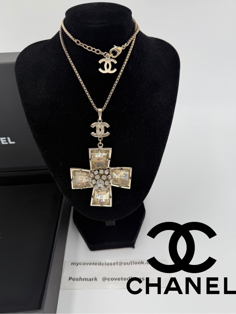 CHANEL Crystal and Gripoix Cross Pendant Necklace Circa 2006